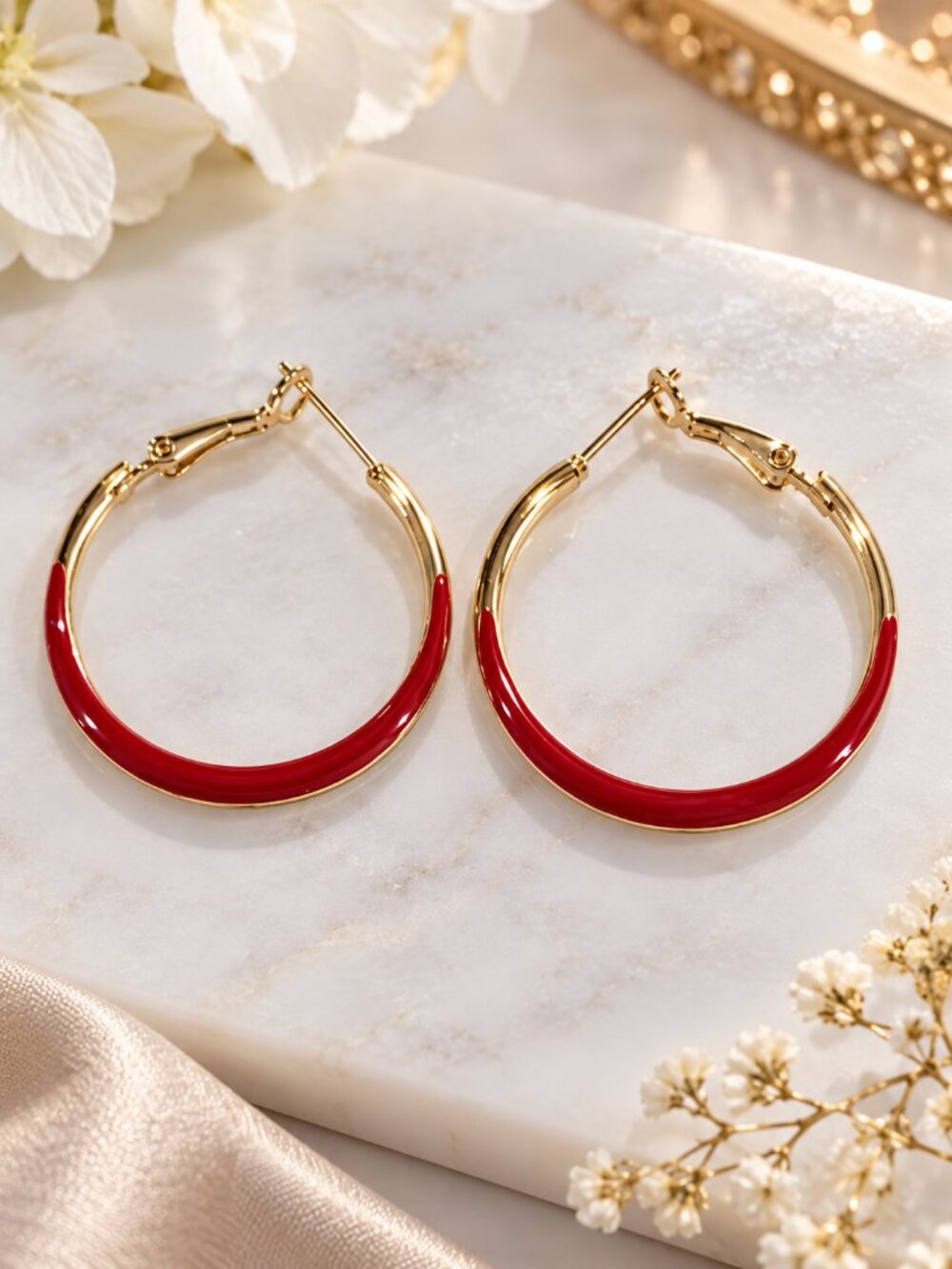 Gold Tone Teal Enamel Accent Hoop Earrings Statement Women's Fashion Jewelry